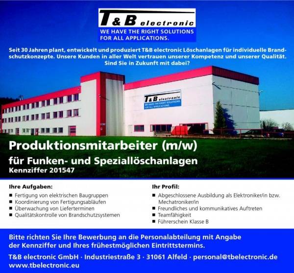 T&B electronic GmbH sucht Mitarbeiter für die Fertigung
