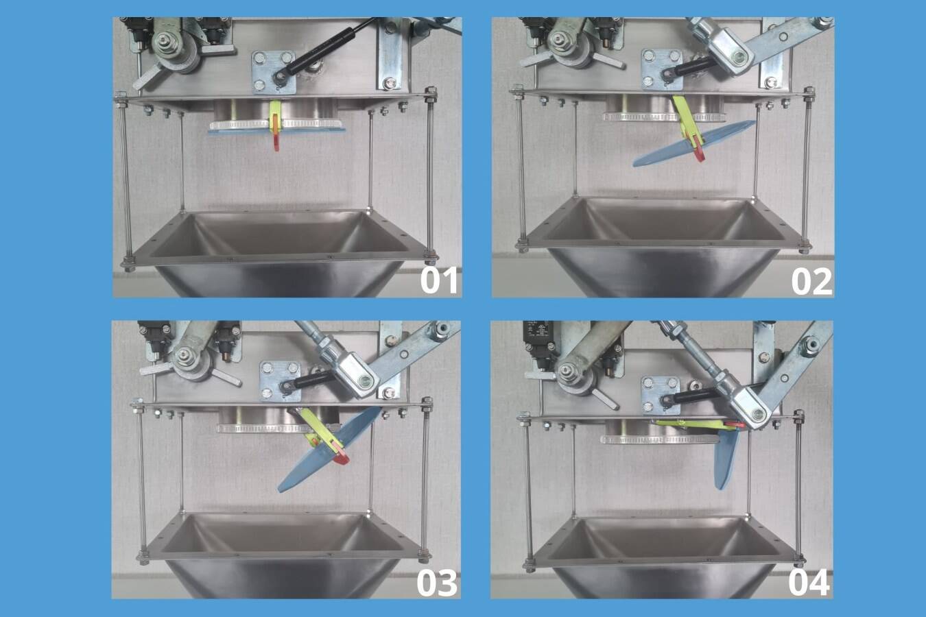 Weltweit einzigartige Mechanik: der singold Klappenverschluss Das Besondere: Indem die Schließklappe seitlich komplett aus dem Produktstrom schwingt, entsteht an der Klappe kein Verschleiß.